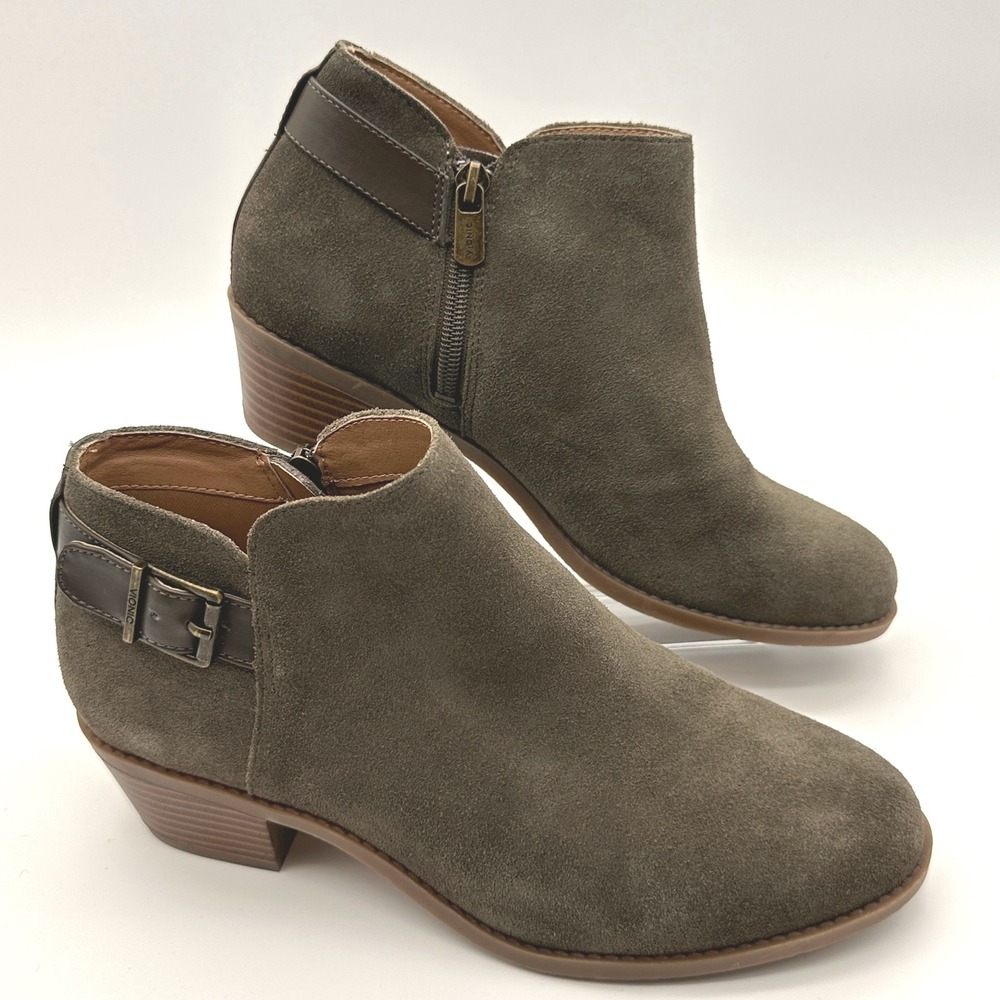 Vionic Suede Leather Buckle Ankle Booties Brown Olive Comfort‎ Womens Size 7.5
